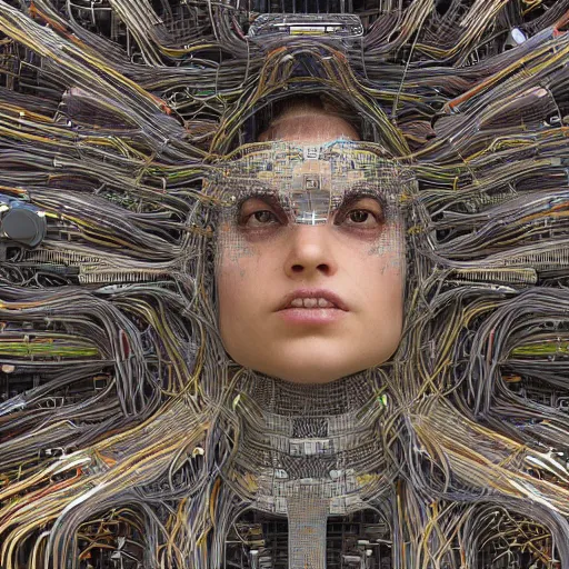 Image similar to tapping in to something greater, piles of modular synth cables, goddess swimming up wearing a headpiece made of circuit boards, by cameron gray, wlop, stanley kubrick, masamune, hideki anno, unique perspective, trending on artstation, 3 d render, vivid