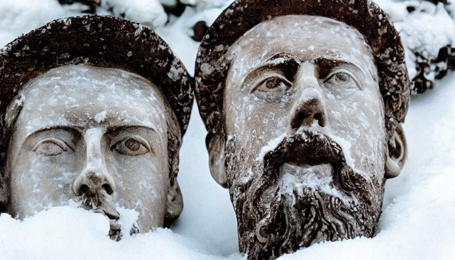 Image similar to 1 9 6 0 s movie still close up of marcus aurelius dirty face frozen to death under the snow on a river's shore with gravel, pine forests, cinestill 8 0 0 t 3 5 mm, high quality, heavy grain, high detail, texture, dramatic light, anamorphic, hyperrealistic, detailed hair foggy