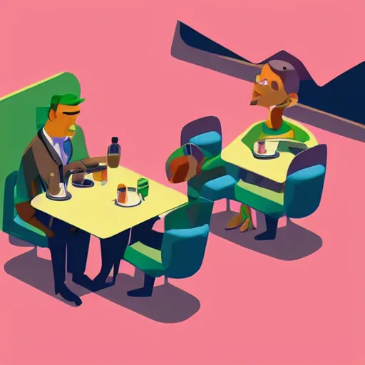 Prompt: close up of waiter at the table : cafe serves cannabis to its customers in australia, isometric illustration fun style hyperrealistic render in pixar, by darwyn cooke