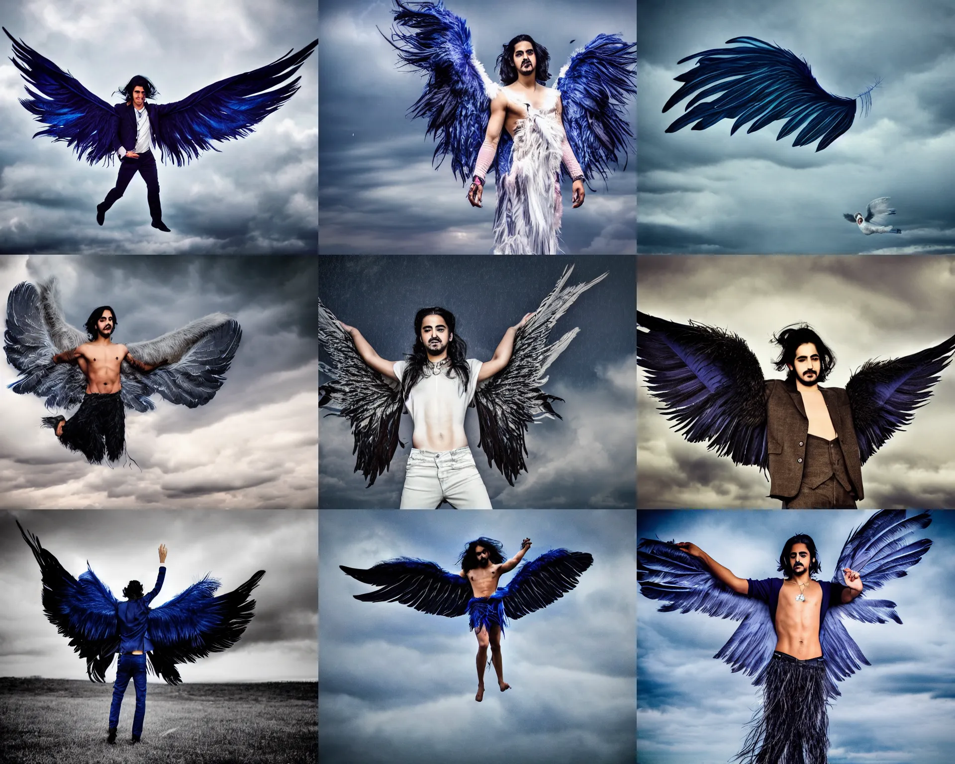 Prompt: angel avan jogia with indigo-feather wings. Flying in a stormy sky. Distant full body shot. Award winning photography