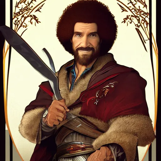 Prompt: an ultra detailed vector image of bob ross dressed as ezio auditore, concept art by alphonse mucha and greg rutkowski, praise the blood moon, octane render, cosmic horror, scary little trees