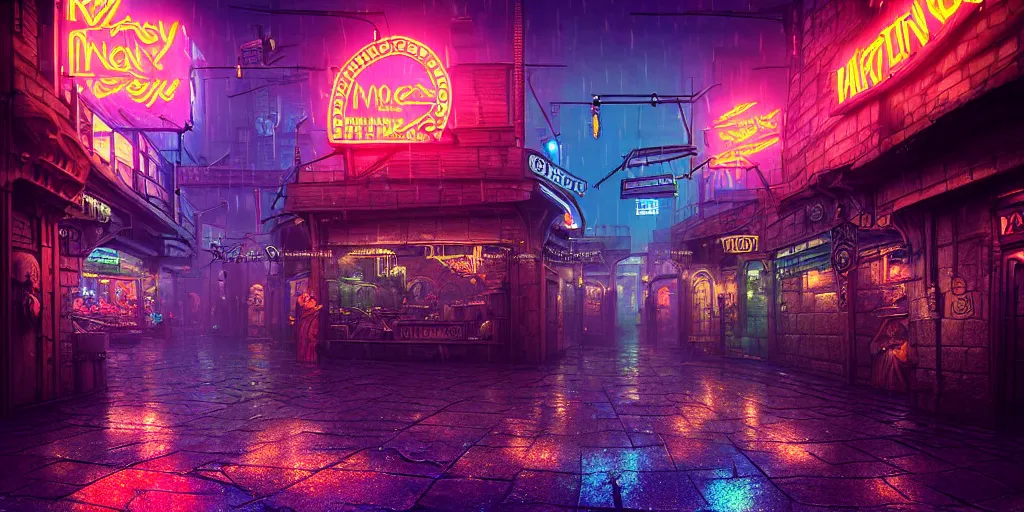 Image similar to fantasy medieval cyberpunk townscape, rain, neon signs, shops, arcade, market, nightclub, weaponsmith, blacksmith, armorer, floating vehicles, people, cinematic establishing shot, purple teal blue white pink orange color scheme, sharp focus, very realistic, photorealistic, intricately detailed, finely textured, cgsociety