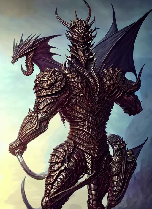 Image similar to muscular and tall humanoid dragon!!!! draconian!! intricate ornate iridescent heavy armor!! character concept art, sharp focus, octane render! unreal engine 5! highly rendered!! trending on artstation!! detailed linework!! illustration by artgerm, wlop, and chie yoshii