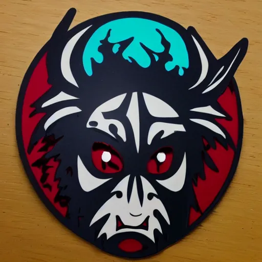 Image similar to die cut sticker, princess mononoke mask, splatter paint