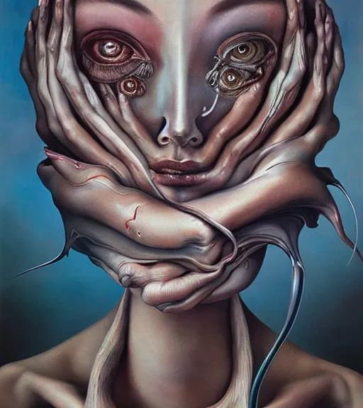 Image similar to strange surrealist, looming, biomorphic portrait of a woman with large eyes painted by dali, marco mazzoni, james jean, charlie immer and jenny saville, fluid acrylic, airbrush art, timeless disturbing masterpiece