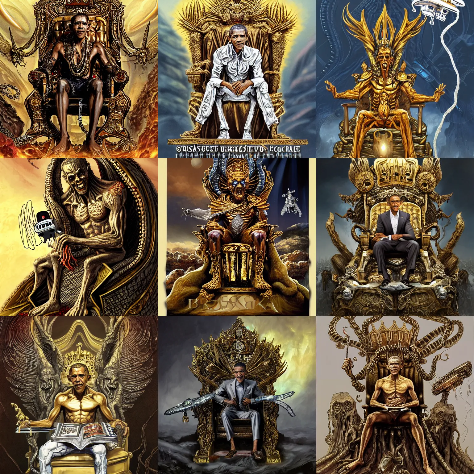 Prompt: grotesque intricate detailed concept art portrait of Barack Obama king sitting on his golden throne with white MQ-1 Predator Drone flying, zombification lovecraftian D&D book cover