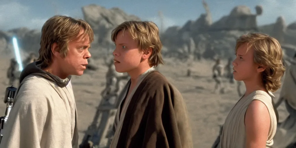 Image similar to A still of Mark Hamill as Jedi Master Luke Skywalker on the right, talking to a young female Jedi student on the left, in a Star Wars Sequel, 1990, Directed by Steven Spielberg, 35mm