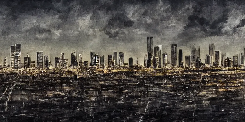 Prompt: an epic painting of the skyline of Tel Aviv in a future dystopian world, dark vibe,