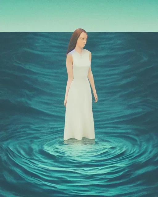 Image similar to a woman in a white dress standing in the water, an album cover by stanley twardowicz, trending on cg society, retrofuturism, retrowave, chillwave, synthwave