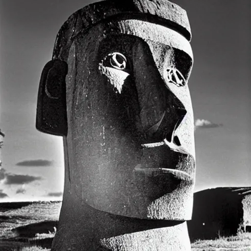 Image similar to easter island moai as the main character in a black and white noir film wearing a fedora standing in the foyer of a 1 9 4 0 s house, intricate, 1 9 4 0 s film noir, robert siodmak, fritz lang, otto preminger, orson welles, billy wilder