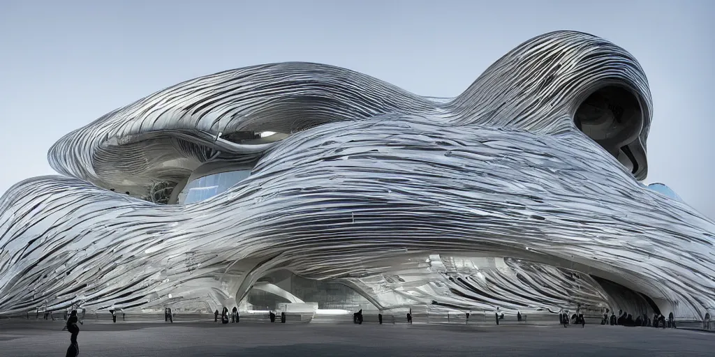 Image similar to extremely detailed ornate stunning beautiful elegant futuristic museum exterior by Zaha Hadid