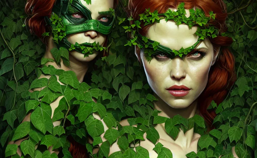 Image similar to poison ivy battle pose, Bane wrapped up in vines, illustration, realistic eyes, artstation, cinematic lighting, hyperdetailed, detailed realistic symmetrical eyes, cgsociety, 8k, high resolution, Charlie Bowater, Tom Bagshaw, Norman Rockwell, insanely detailed and intricate, prison background