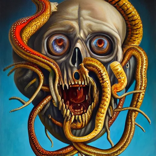 Prompt: an oil on canvas painting of a screaming decapitated man's aged face with blank eye sockets and biting serpents swarming out of his exposed brain, a surrealist painting, polycount, surrealism, surrealist, lovecraftian, cosmic horror