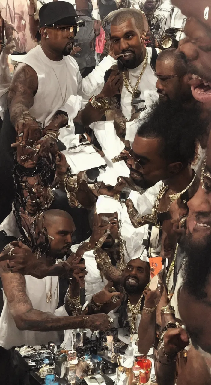 Prompt: kanye west in studio with lmfao, highly detailed, photorealist