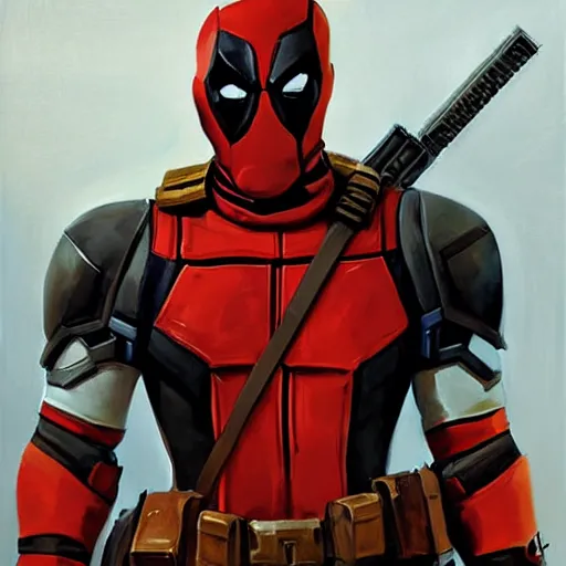 Image similar to greg manchess portrait painting of armored deadpool as overwatch character, medium shot, asymmetrical, profile picture, organic painting, sunny day, matte painting, bold shapes, hard edges, street art, trending on artstation, by huang guangjian and gil elvgren and sachin teng