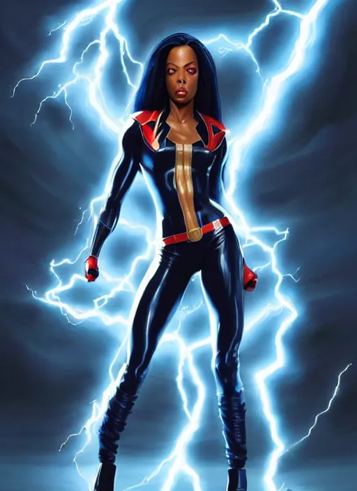 Image similar to full body portrait of marvel cinematic universe aaliyah haughton, x - men, storm, elegant, electricity archs, lightning strikes, rippling electromagnetic, highly detailed!! digital painting, artstation, glamor pose, concept art, sharp focus, illustration, art by artgerm and greg rutkowski, artey freytag