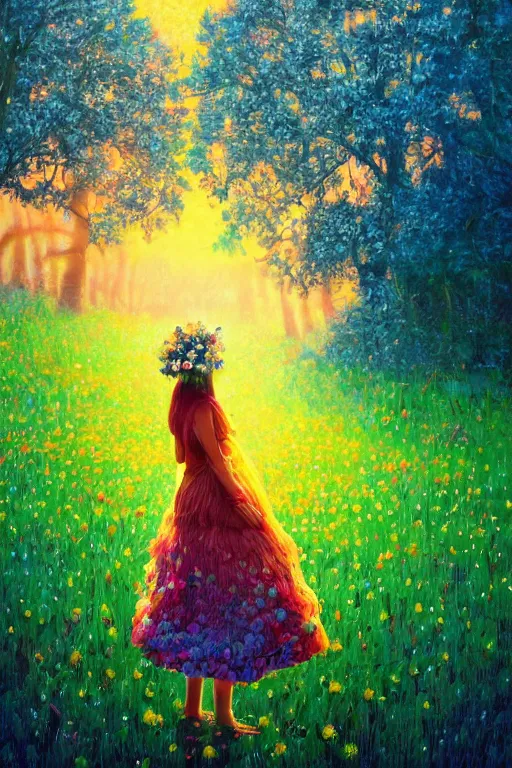 Image similar to girl with flower as a face, flower dress, standing in a flower field, big trees, sunrise dramatic light, impressionist painting, colorful clouds, digital painting, pointillism, artstation, simon stalenhag