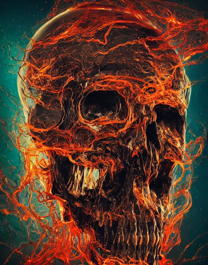 Prompt: skull portrait. burning water distortions. jellyfish butterfly phoenix head. intricate artwork by Tooth Wu and wlop and beeple and dan mumford. octane render, trending on artstation, greg rutkowski very coherent symmetrical artwork. cinematic, hyper realism, high detail, octane render, 8k, depth of field, bokeh. iridescent accents