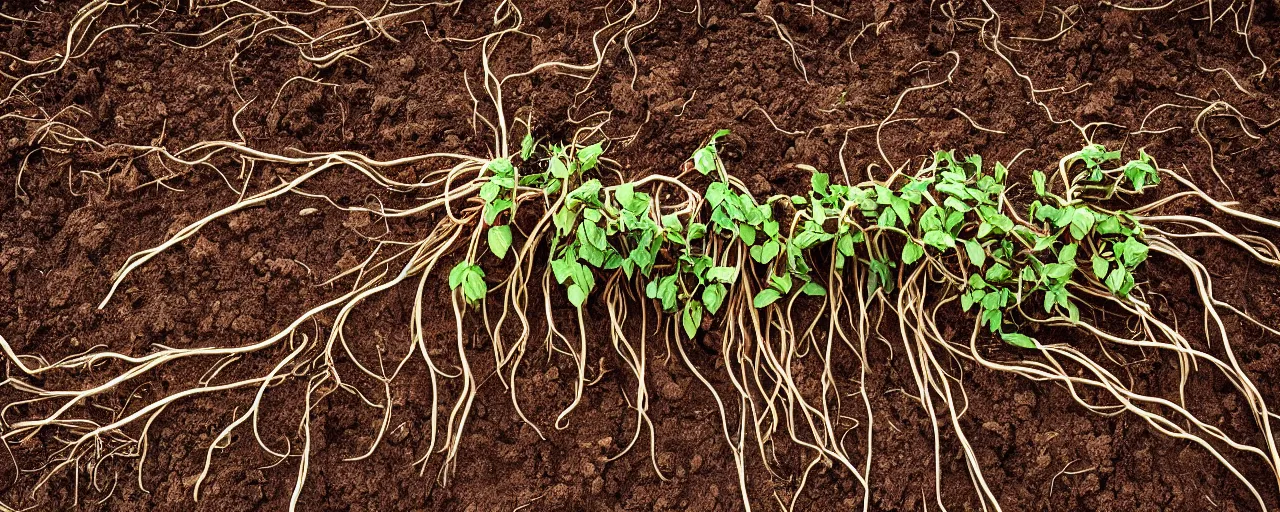 Image similar to roots made of spaghetti buds, growing out of the dirt, kodachrome, in the style of wes anderson, retro