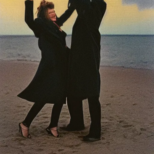 Prompt: 9 0 s polaroid photograph of a man and woman both wearing trenchcoats at night, dancing together on a beach during cloudy weather, vignette