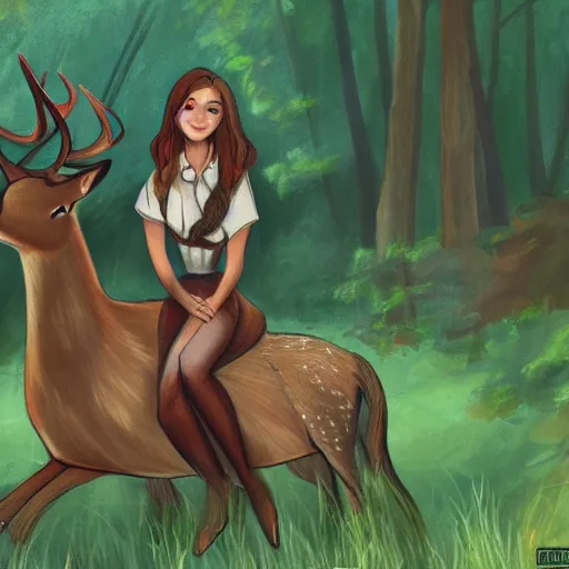 Image similar to girl riding a deer in the forest trending on art station