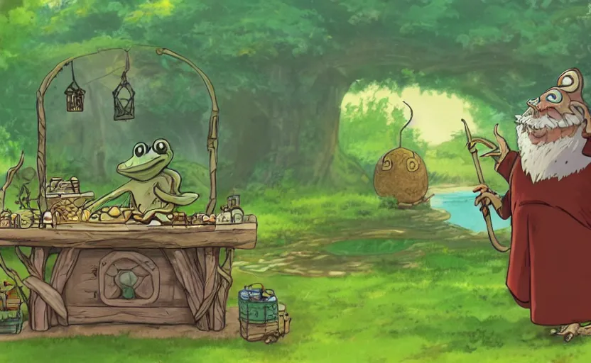 Prompt: wizard frog selling magical wares on a stand by a pond, ghibli style