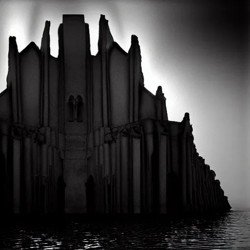 Prompt: hyperrealism hyperdetail. submerged cathedral of dagon beneath the ocean floor. photography by ansel adams. ominous light emits from deep inside the temple.