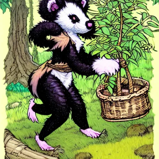 Prompt: A cute plush-furred skunk-girl Herbalist collecting flowers in the forest. Absurdly-detailed fantasy character illustration by Rebecca Guay and Wayne Reynolds