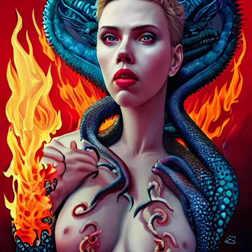 Image similar to demonic hell portrait of scarlett johansson as queen of hell, fire and flame, big long hell serpent dragon octopus, Pixar style, by Tristan Eaton Stanley Artgerm and Tom Bagshaw.