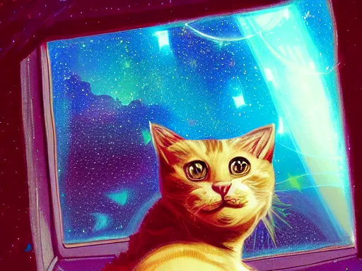 Image similar to cat from behind in space station watching the stars trough a large window, digital painting, dramatic lighting, highly detailed, artstation, concept art
