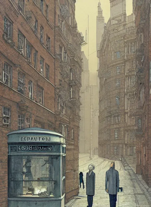 Prompt: illustration of a 2 0 8 0 desolate london street scene by shaun tan, clean, emptyness, torn paper decollage, graphic novel, oil on canvas by edward hopper, ( by mattias adolfsson ), by moebius