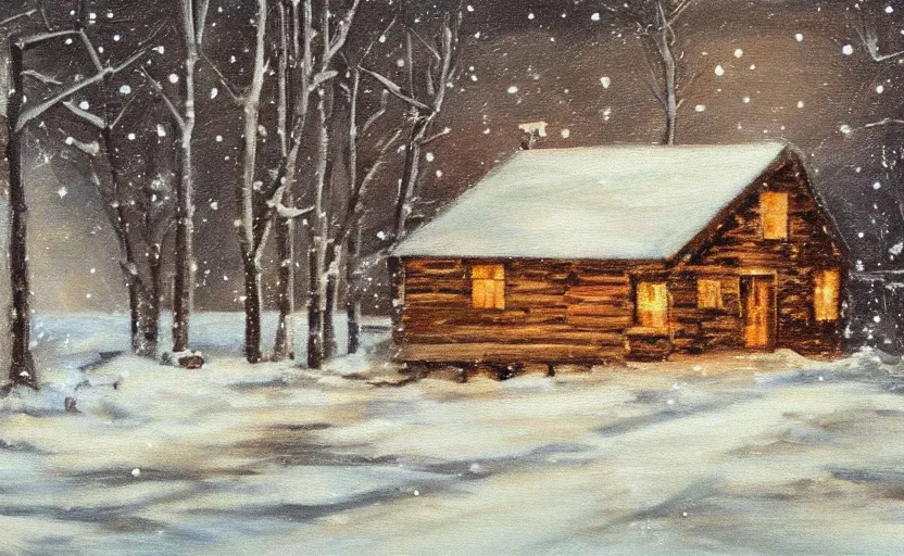 Image similar to snowy very dark night scene depicting a single wooden cabin surrounded by the woods with one bright window. a man running away from it leaving footprints in snow. oil painting.