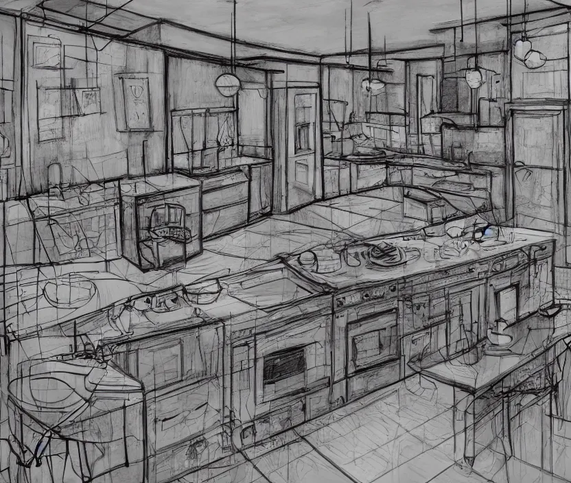 Prompt: An of interior of a kitchen at night, rotoscoped, rotoscope, photoshop, photomanipulation, realism, painting, illustration and sketch, weird scribbles, hybrid styles, hybrid art styles, mismatched, trending on artstation, trending on deviantart, weird, quirky, interesting, very detailed, highly detailed, HD Quality, 4k resolution, 8k resolution, in the style of David Firth, in the style of James Lee, in the style of Drue Langlois,