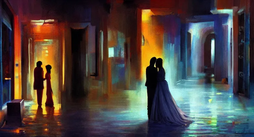 Prompt: lovers in the dark. art by salman toor. global illumination, radiant light, detailed and intricate environment, atmospheric light, cinematic, saatchi art