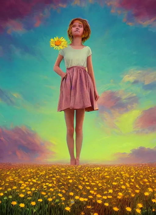 Image similar to girl face made of giant daisies, standing in a flower field, holding flowers, surreal photography, sunset dramatic light, impressionist painting, colorful clouds, large sky, digital painting, artstation, simon stalenhag