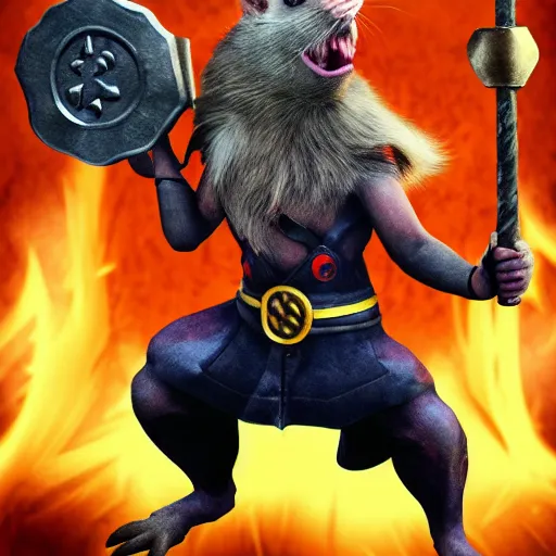 Image similar to the rat thor ~ holding his hammer ~ dramatic thunder background ~ fighting scene ~