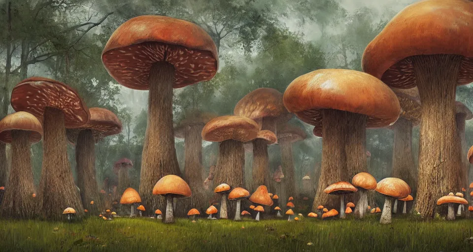 Image similar to A tribal village in a forest of giant mushrooms, by Sam Spratt