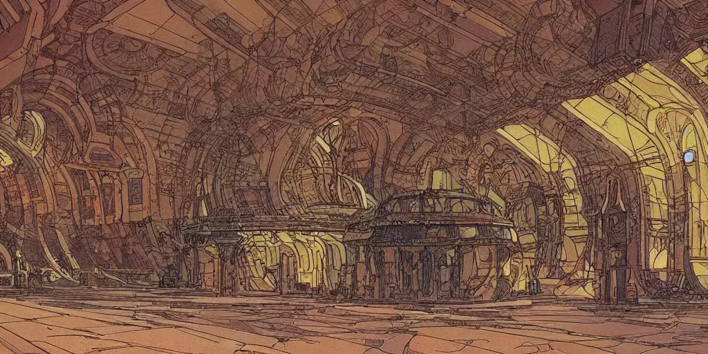 Prompt: cel shaded cinematic shot of the interior of a sci-fi space station with ornate Elven architecture, epic castle, illustration, sharp focus, concept art by Moebius, Jean Giraud Moebius