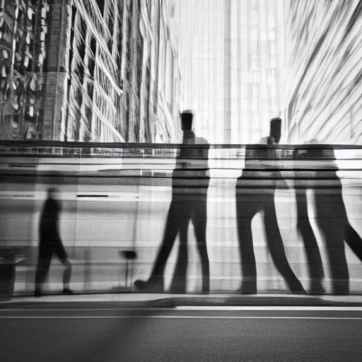 Image similar to an urban photograph of two shadowy figures, long exposure, 35mm, black-and-white