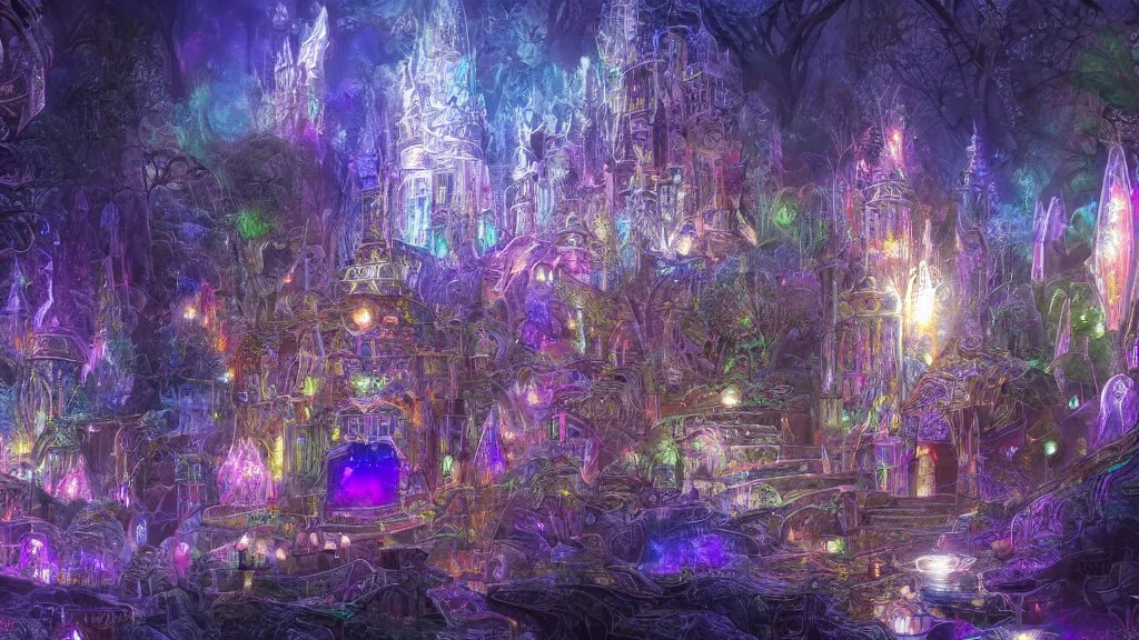 Image similar to a detailed magical crystal castle made of light inspired by yoshitaka amano enveloped in trails of colorful lights around it. clean painting, realistic and auora lighting. dark blue and intense purple color palette, art by kuvshinov ilya and gilbert williams, 8 k