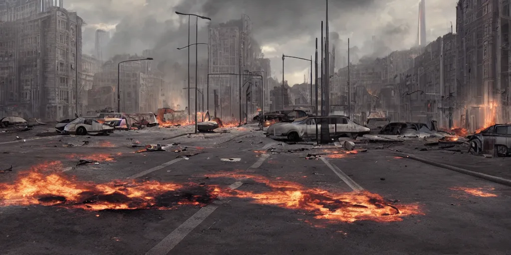 Prompt: a photorealistic city destroyed after a nuclear war, bus station exploded, cars crashed in the middle of the road, traffic light on, fire from some building, realistic light, highly detailed, octane render, art station, 3D studio max, 8k, art by bernardo bellotto, danning guy, enrich victor