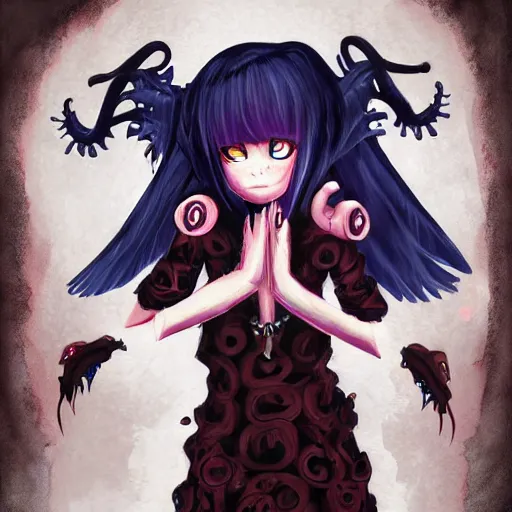 Image similar to a very cute and beautiful demonic eldritch girl