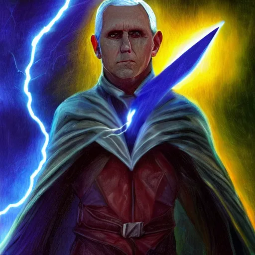 Prompt: mike pence as lightning wizard, vivid colors, dark, fantasy art,