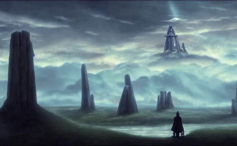 Image similar to a realistic and atmospheric cell - shaded concept art from howl's moving castle ( 2 0 0 4 ) of a ufo in the sky. a grey monk is standing in a futurist sci - fi city that looks like stonehenge in a flooded rainforest. it is a misty starry night. very dull muted colors, hd, 4 k, hq