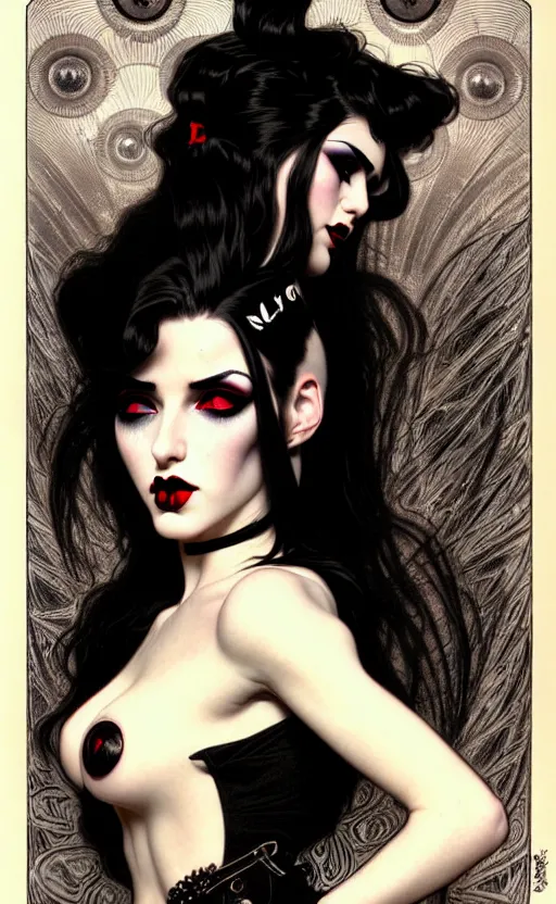 Image similar to with goth girl lips, eyes, jaw and long, thick shining black hair, thick eyebrows and long eyelashes, wearing in black clothes, beautiful eyes, burlesque psychobilly, rockabilly, punk, white background, drawing, illustration by fantasy art, in the style of greg rutkowski, intricate, alphonse mucha, hyper detailed, smooth