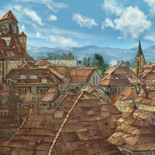 Image similar to very panoramic view of a traditional city with tiled roofs surrounded by a wooden wall, texture, intricate, details, highly detailed, masterpiece, architecture, building, trending on artstation, focus, sharp focus, concept art, digital painting, fantasy, sunny, day, midday, trending on artstation