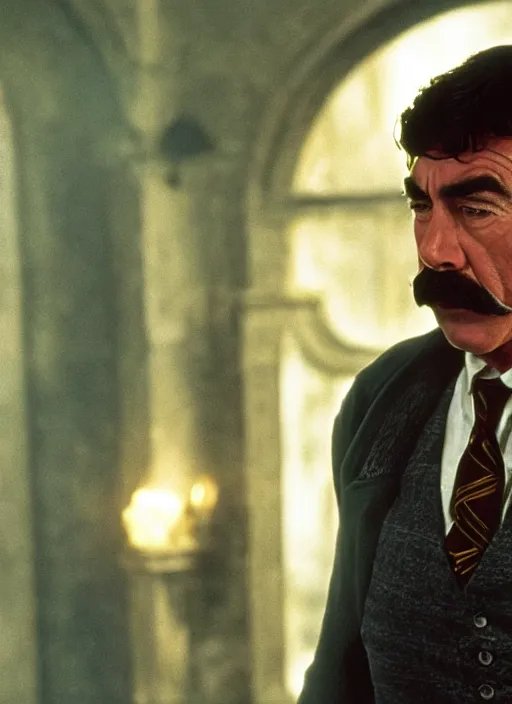 Image similar to film still of tom selleck as harry potter in harry potter, 4 k