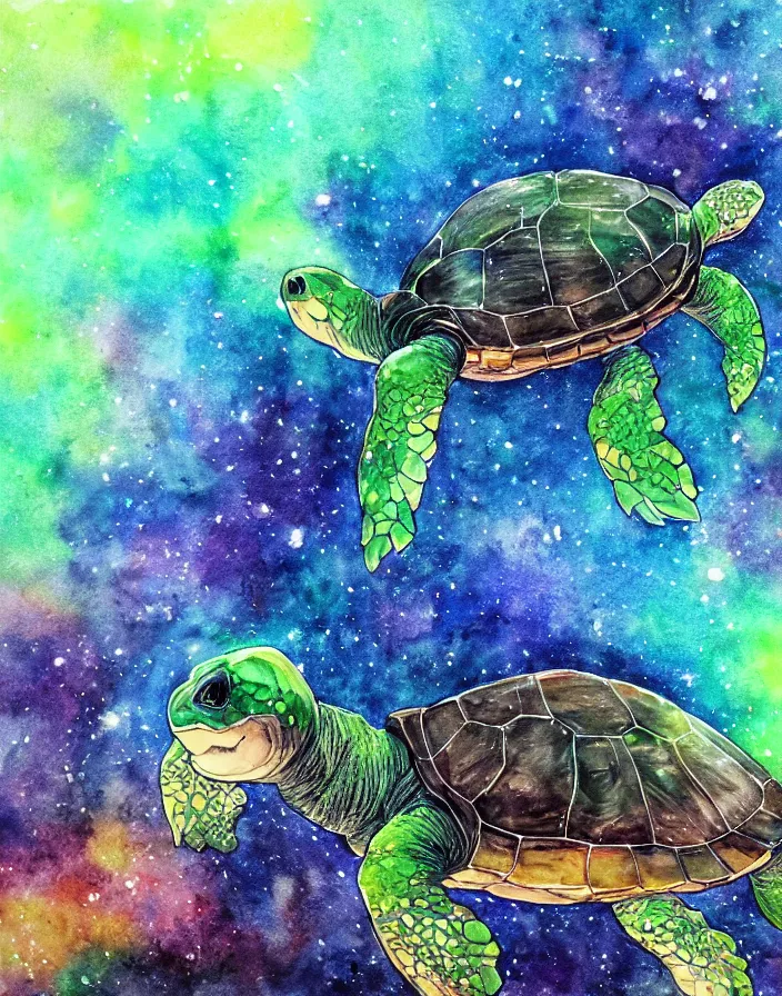 Image similar to turtle goes on a magical journey into a extraterrestrial light prism shadow rhelm, watercolor, ambient lighting, perfect contrast, ultra detailed, trending on art station