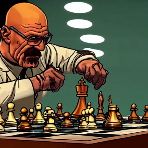 Image similar to the doom slayer trying to defeat walter white at chess