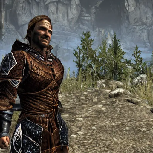 Image similar to character screenshot of ufc commentator john anik dc in skyrim, mage armor, npc talking, wilderness, 1 0 8 0 p, bokeh, elder scrolls v, detailed, dialog text